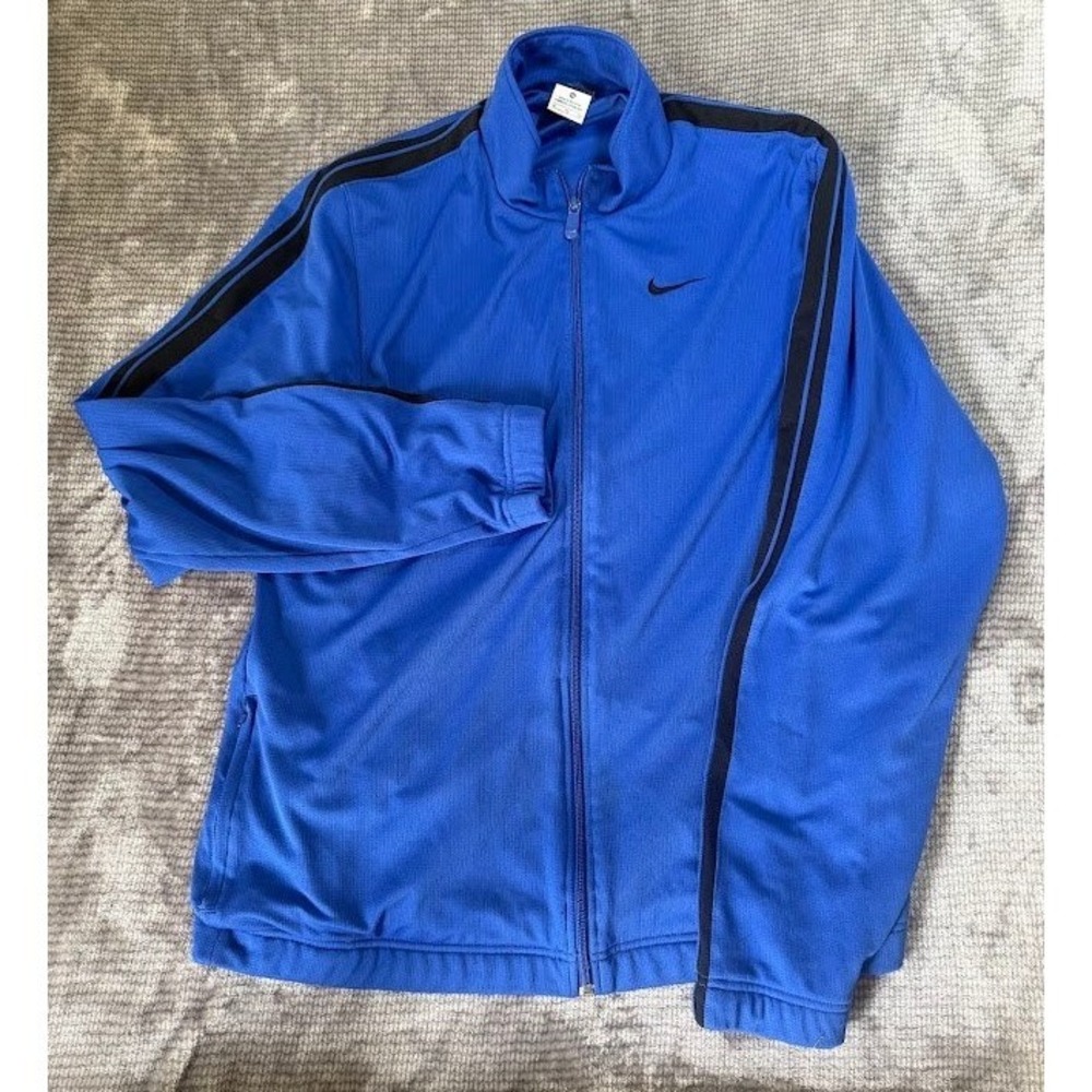 Nike Mens Track Jacket Royal Blue Black Stripe Full Zip Mock Neck Swoosh Large‎